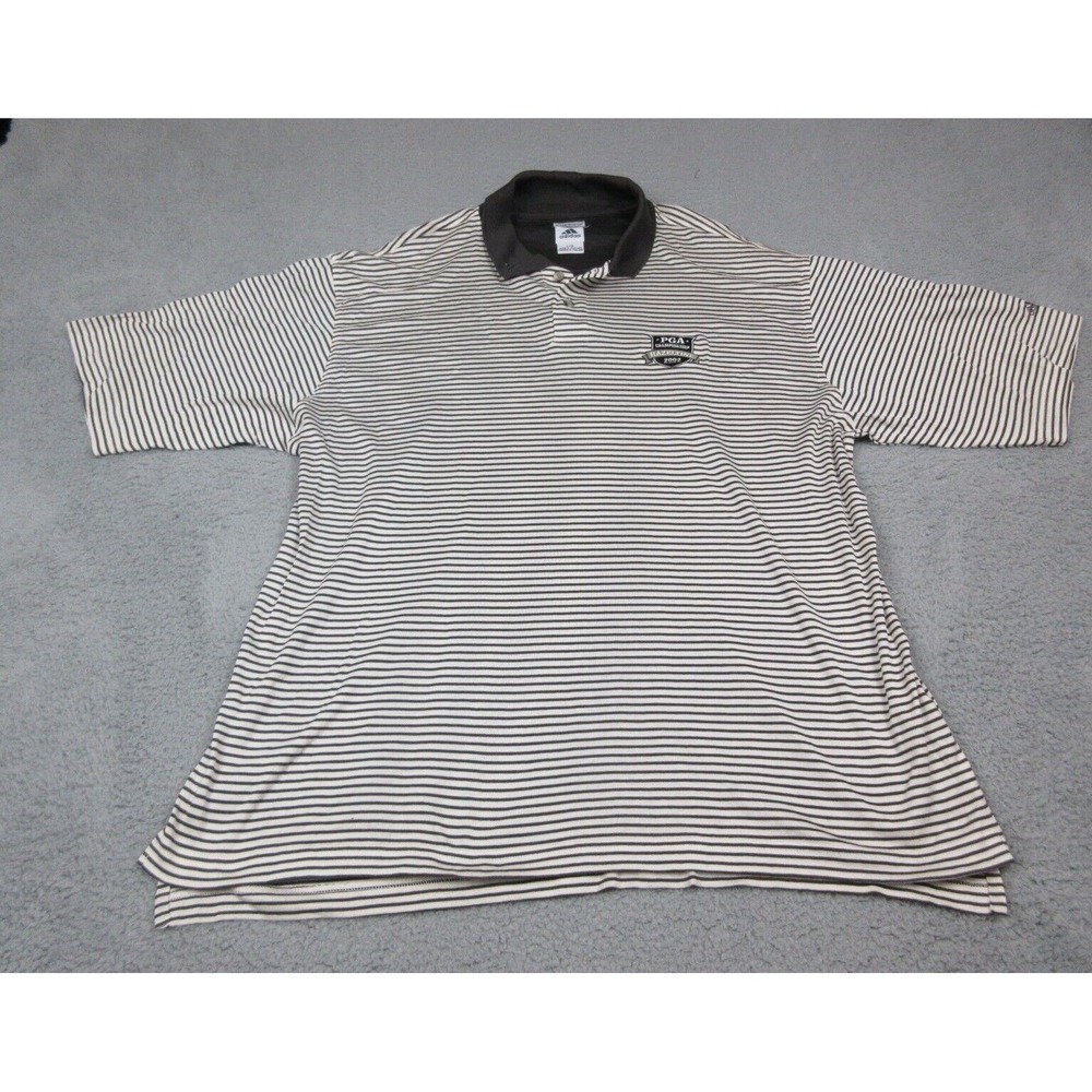 Vintage Adidas Polo Shirt Mens L White Striped Cotton PGA Hazeltine Golf 2002